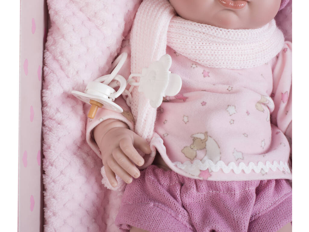 Neugeborene Puppe 42 cm. Blaues Kleid und Kissen Berbesa 5115R