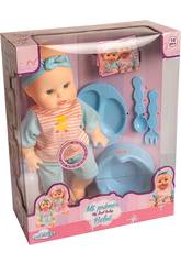 Poup�e 30 cm. B�b� Chauve de Couleur Bleue avec un Pot de Chambre et des Accessoires