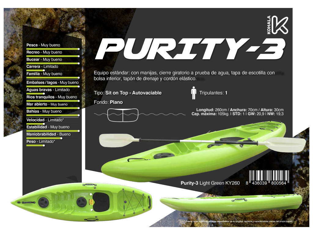 Kayak Purity 3 Kohala 260x70x30 cm. Ociotrends KY260