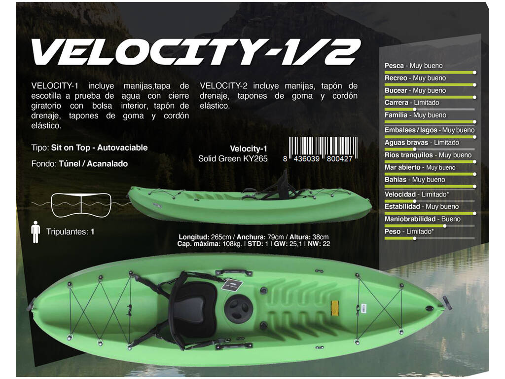 Kayak Velocity 1 Kohala 265x79x38 cm. Ociotrends KY265