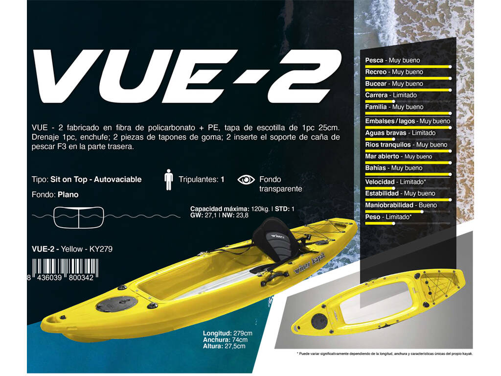 Kayak Vue 2 Kohala 279x74x27.5 cm. con Base Trasparente Ociotrends KY279