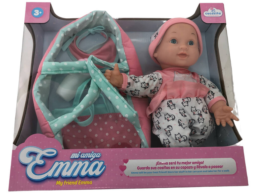 Bambola 30 cm. Abito rosa con culla e accessori