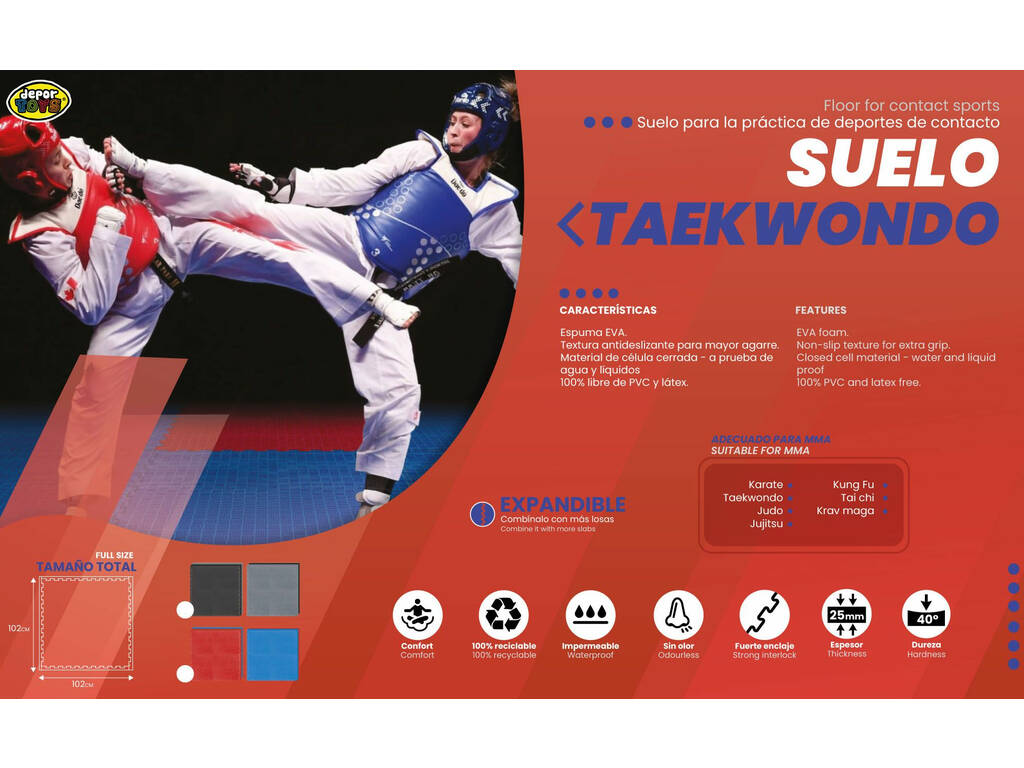 Carreau de sol Taekwondo 102x102x2,5 cm Gris Noir Dureté 40°.