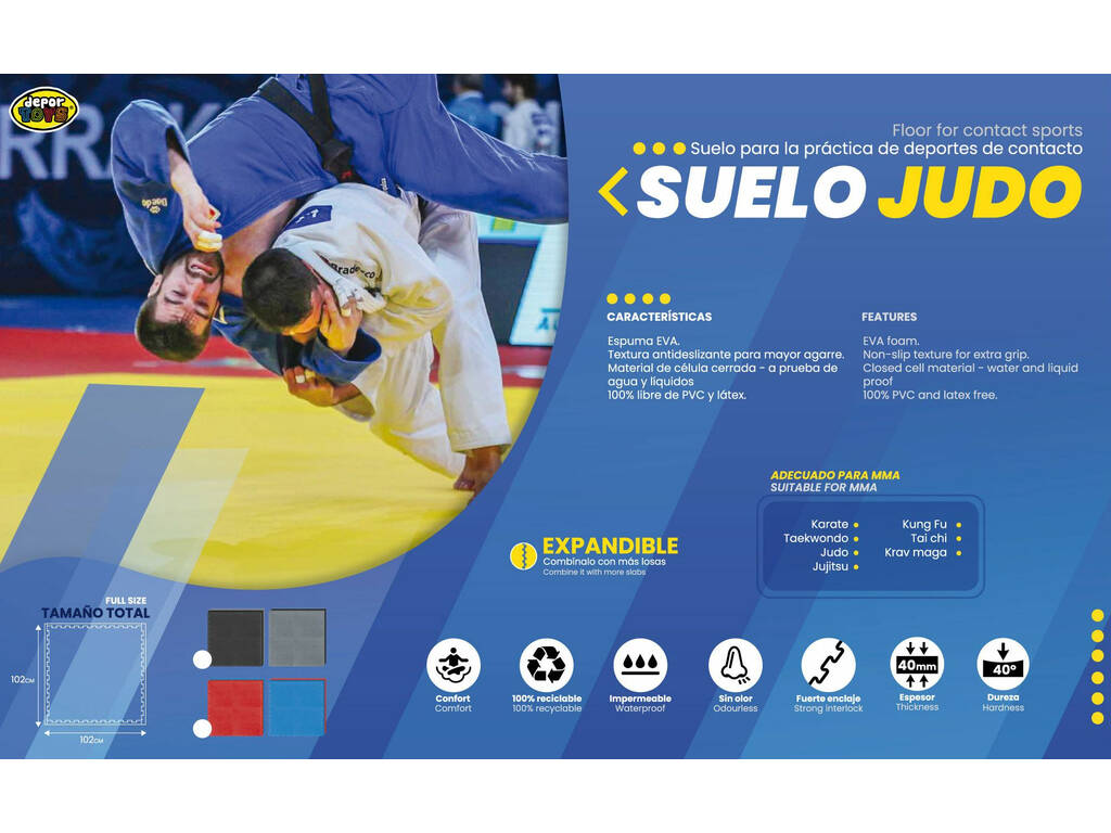 Carreau de sol pour judo 102x102x4 cm Rouge Bleu Dureté 40°.