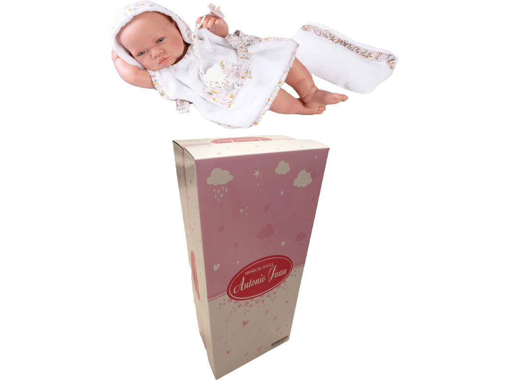 Neugeborene Puppe mit Badehaube und Kulturbeutel 42 cm. Antonio Juan 50267