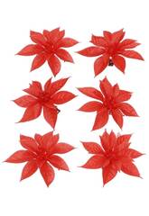 Lot de 6 fleurs de Noël rouges avec pince 9 cm