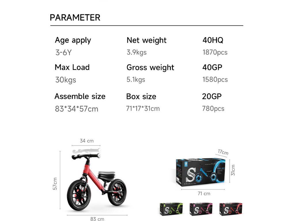 Bicicleta sin Pedales Spark Roja 12” con Luces LED en las Ruedas
