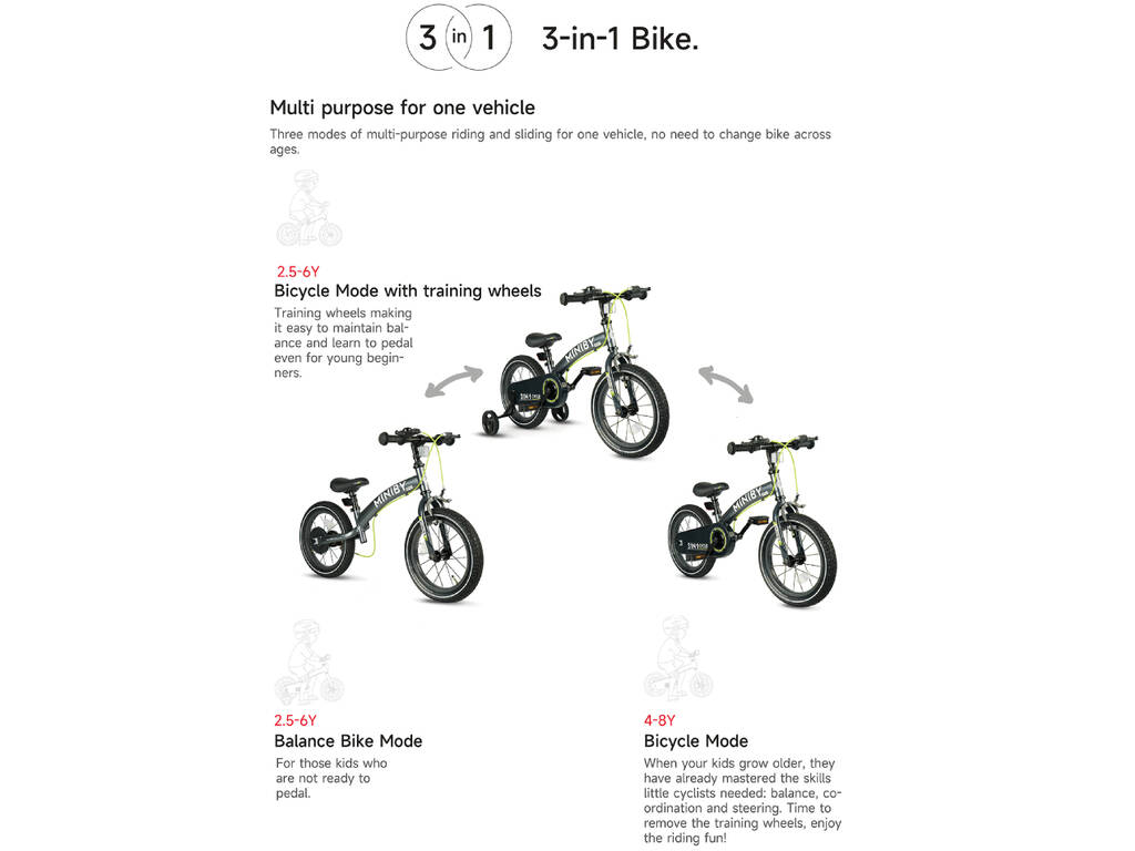 Bicicleta Miniby 3 en 1 de 14” con Estabilizadores