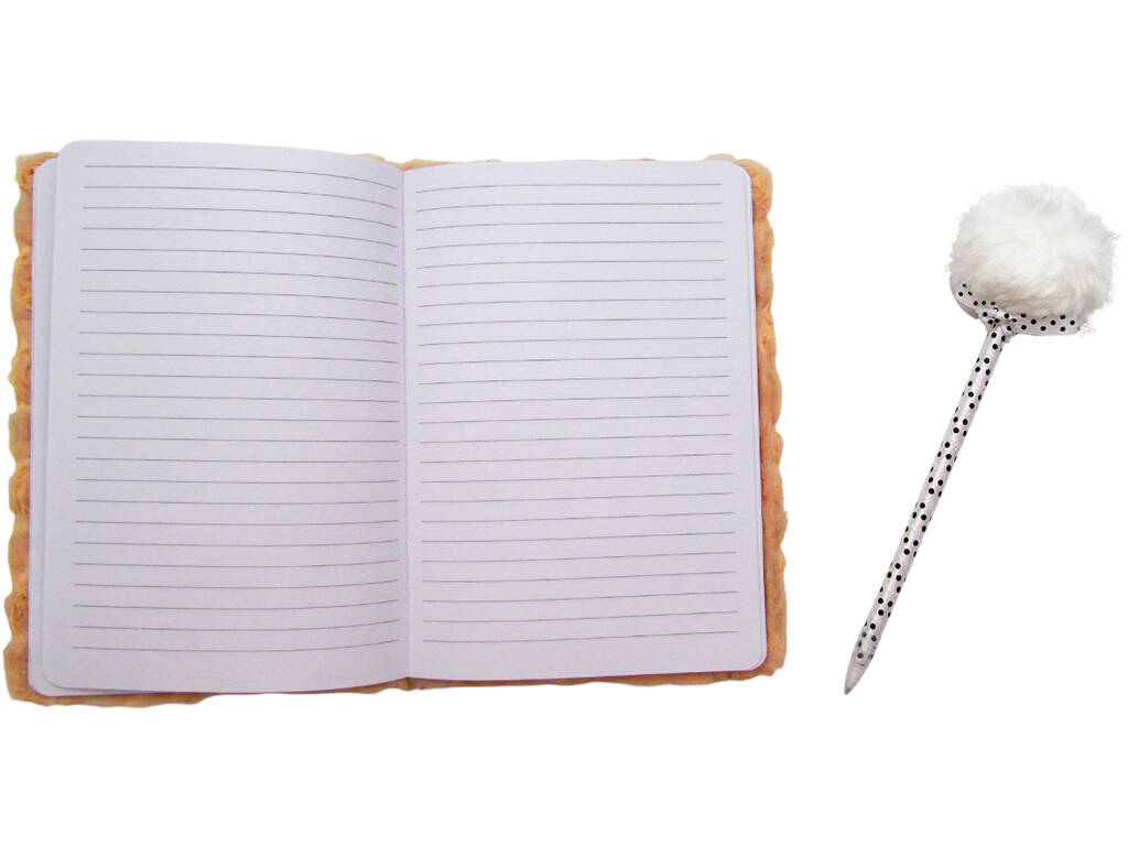 Pack Carnet Peluche A5 Fleurs Beige avec 80 Pages et Stylo Bleu avec Pompon de 22 cm