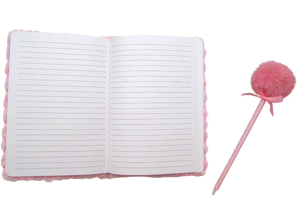 Pack Carnet Peluche A5 Fleurs Rose avec 80 Pages et Stylo Bleu avec Pompon de 22 cm