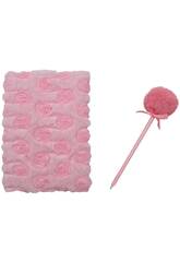 Pack Carnet Peluche A5 Fleurs Rose avec 80 Pages et Stylo Bleu avec Pompon de 22 cm