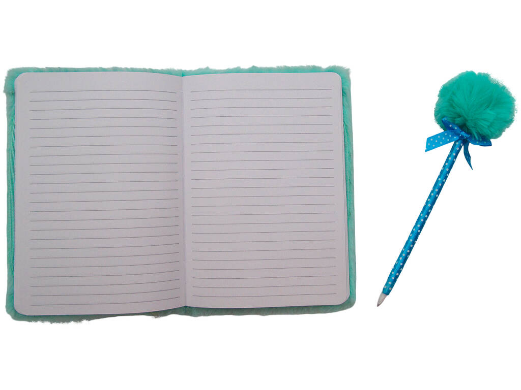 Pack Carnet Peluche A5 Cœurs Bleus avec 80 Pages et Stylo Bleu à Pompon de 22 cm