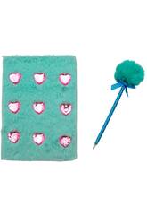 Pack Caderno Peluche de Notas A5 Coraes Azul com 80 Pginas e Caneta Azul com Pompom de 22 cm