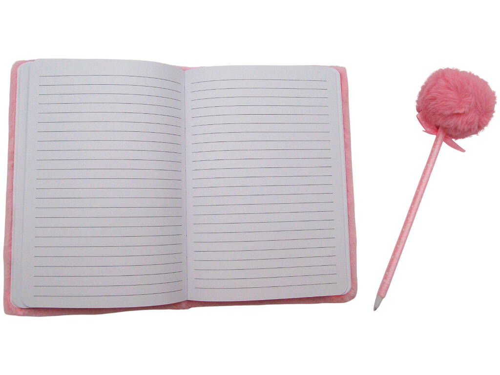 Pack Carnet Peluche A5 Cœurs Rose avec 80 Pages et Stylo Bleu avec Pompon de 22 cm