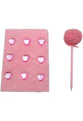 Pack Carnet Peluche A5 C?urs Rose avec 80 Pages et Stylo Bleu avec Pompon de 22 cm