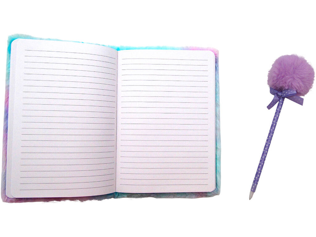 Pack Carnet Peluche A5 Chat Violet avec 80 Pages et Stylo Bleu avec Pompon de 22 cm