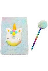 Carnet Peluche Squeezy A5 Donut Licorne Blanche avec 80 Pages et Stylo Bleu Pompon de 21 cm
