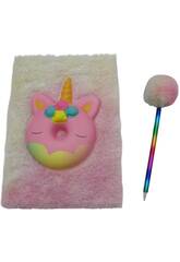 Carnet Peluche Squeezy A5 Donut Licorne Rose avec 80 Pages et Stylo Bleu Pompon de 21 cm