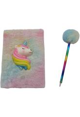 Carnet Peluche Squeezy A5 Licorne Corne Bleue avec 80 Pages et Stylo Bleu Pompon de 21 cm