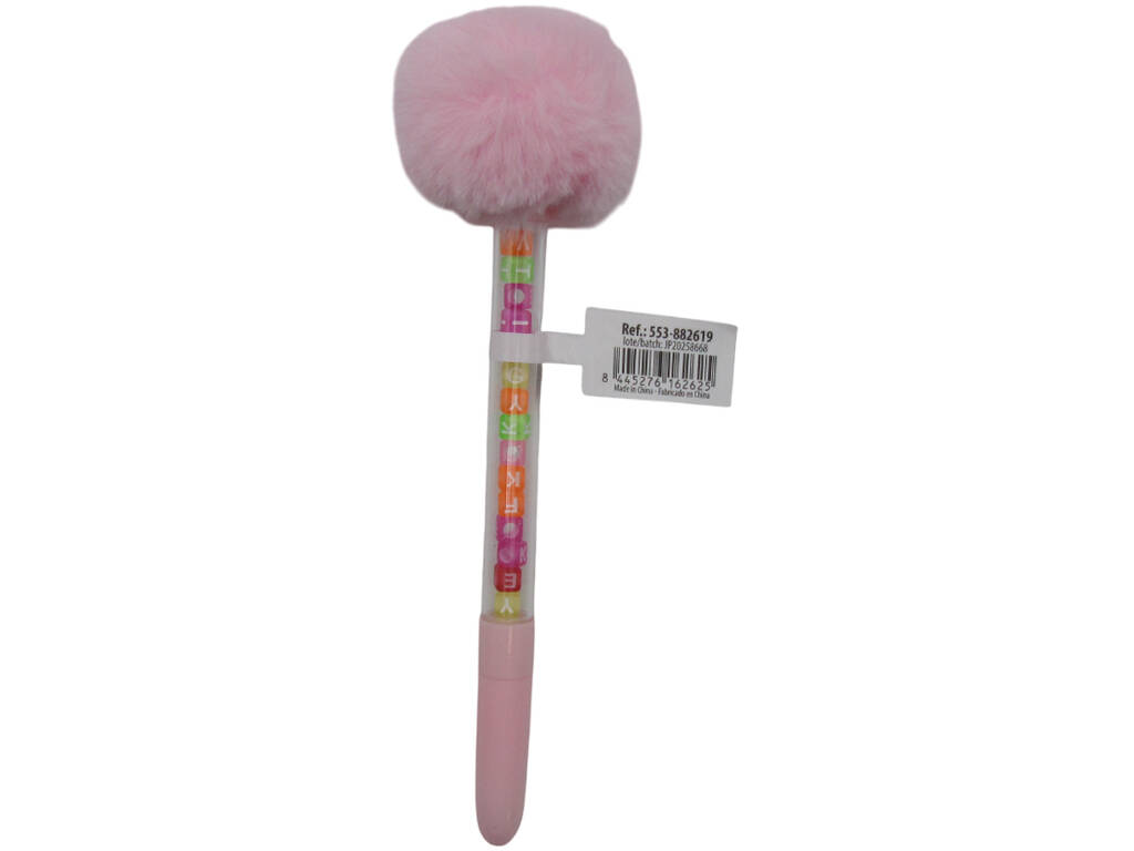 Stylo à bille bleu avec pompon et perles avec lettres 19 cm