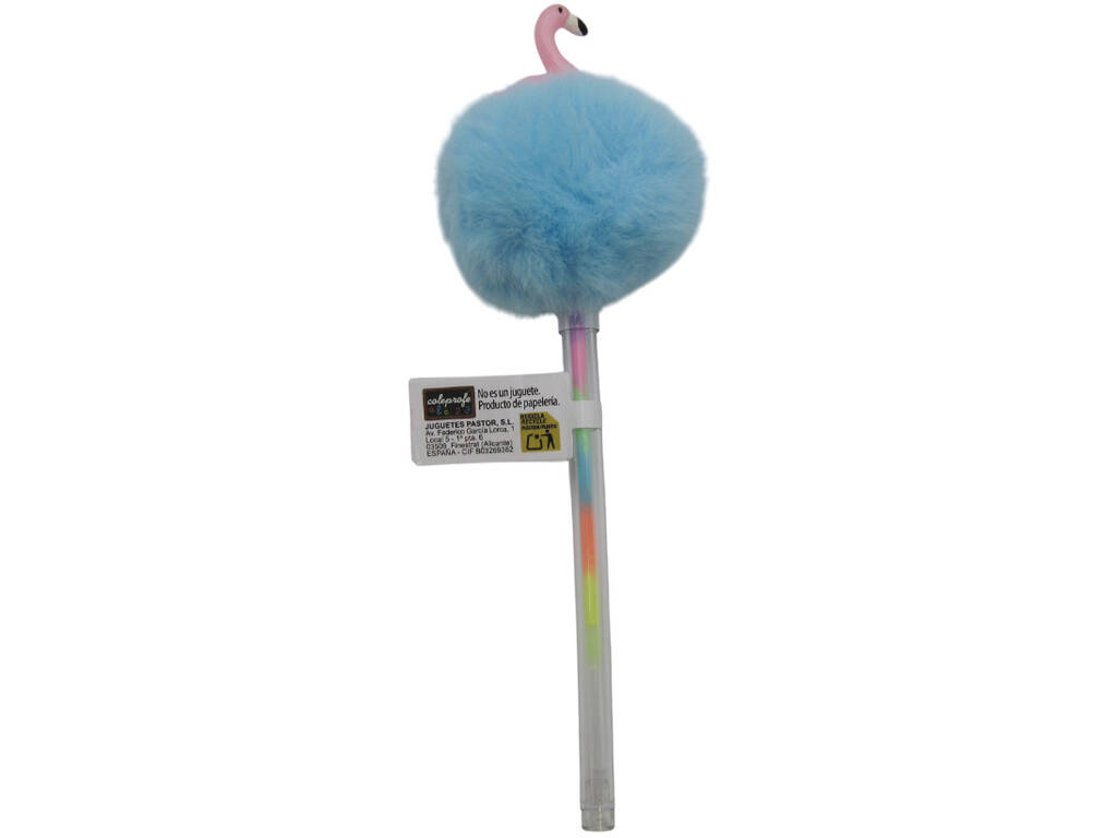 Stylo à bille multicolore avec pompon et flamant rose 19 cm