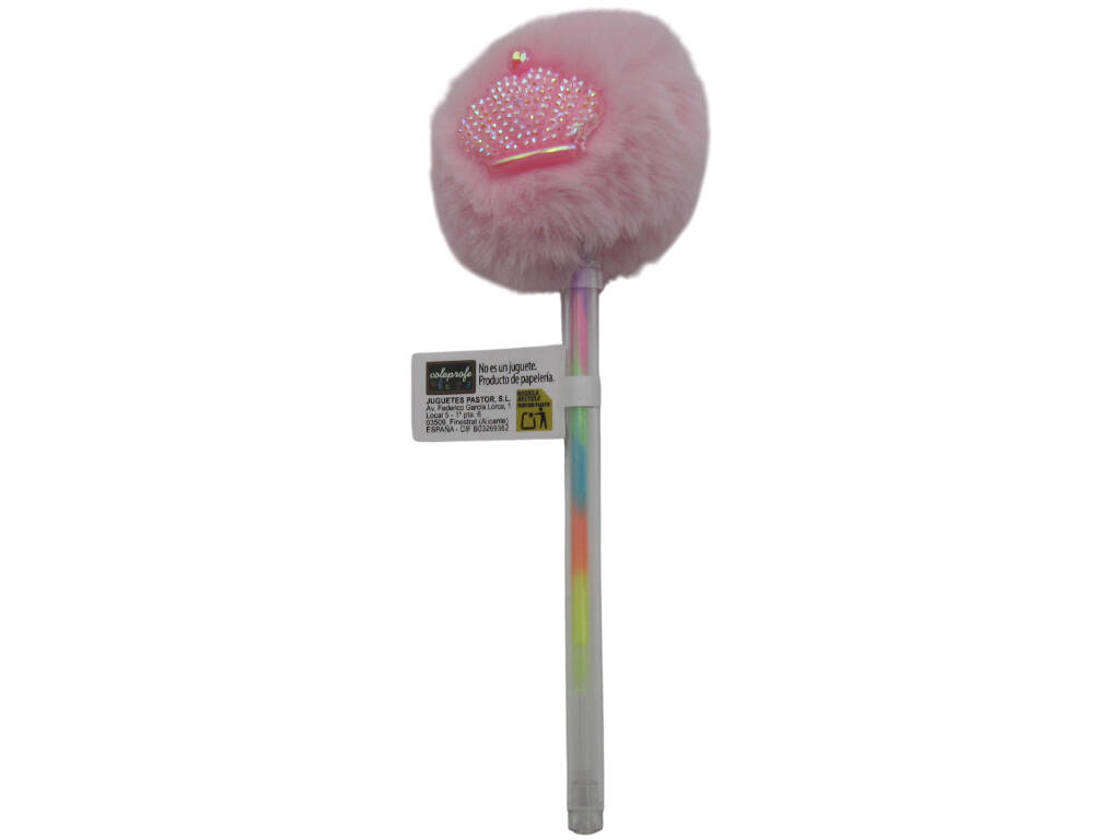 Stylo à bille multicolore avec pompon et couronne 17,5 cm