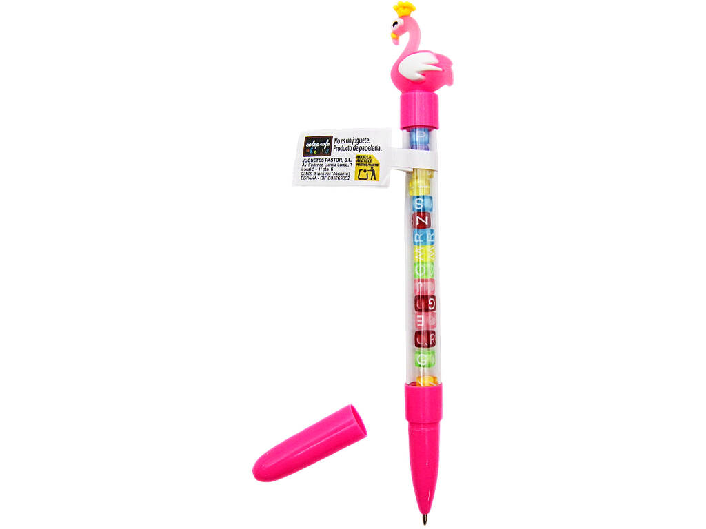 Stylo à bille bleu avec flamant rose et perles avec lettres 19,5 cm