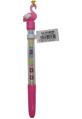 Stylo  bille bleu avec flamant rose et perles avec lettres 19,5 cm