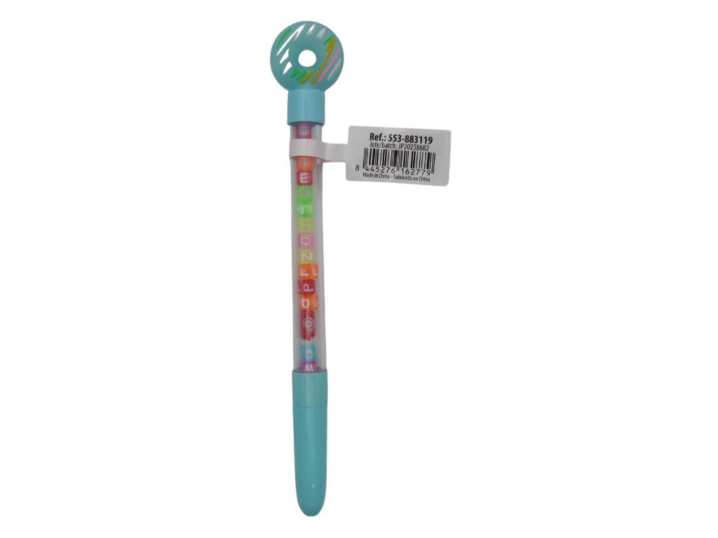 Stylo à bille bleu avec donut et perles avec lettres 18,5 cm