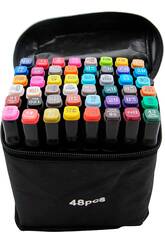 Conjunto 48 Marcadores de Cores Diferentes com 2 Pontas de 3 e 6,5 mm em Bolsa com Asa