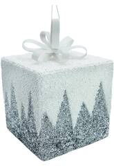 Décoration de Noël Boîte cadeau argentée et blanche brillante de 20 cm