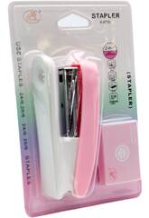 Set di cancelleria con cucitrice rosa e graffette
