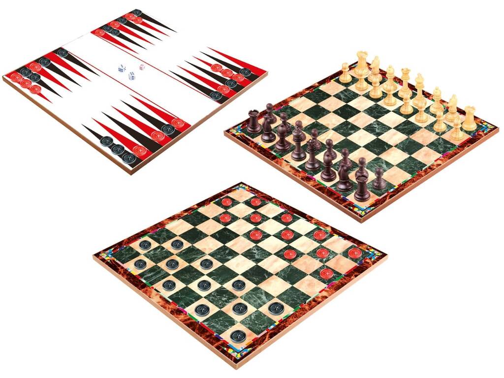 Échecs, dames et backgammon 3 en 1 avec plateau en bois et accessoires