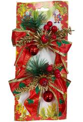 Enfeite Natalício Conjunto 2 Laços Vermelhos com Pinheiro de 12x14 cm