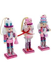 Enfeite Natalício Conjunto 3 Soldados Quebra-Nozes Rosa de Madeira de 13 cm