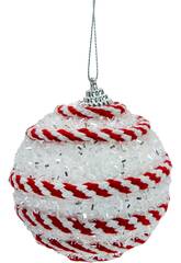 Décoration de Noël boule blanche brillante avec ruban blanc et rouge de 10 cm