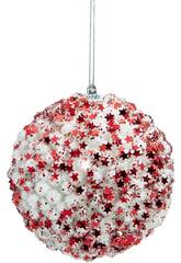 Ornamento Natalício Bola Branca com Estrelas e Glitter Vermelho de 10 cm