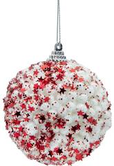 Décoration de Noël boule blanche avec étoiles et paillettes rouges, 8 cm
