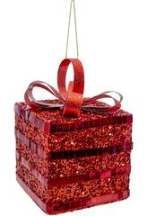 Décoration de Noël Boîte cadeau rouge avec paillettes et nœud rouge de 8 cm