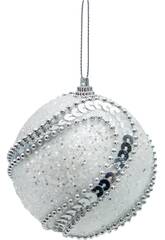 Ornamento Natalício Bola Branca com Ornamentos Prateados de 8 cm