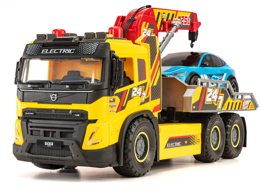 Camion grue Volvo de 55 cm avec lumières et sons et voiture Form Mustang de 25 cm