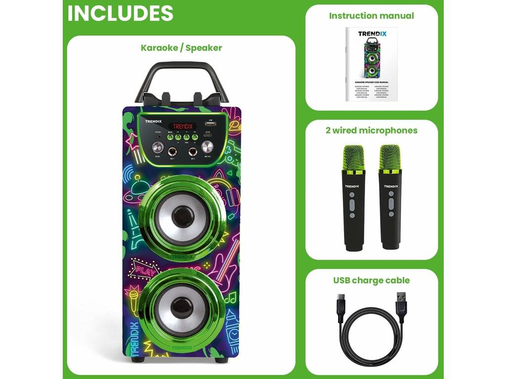 Trendix Karaoke Speaker Neon World con microfoni e disco luminoso a LED