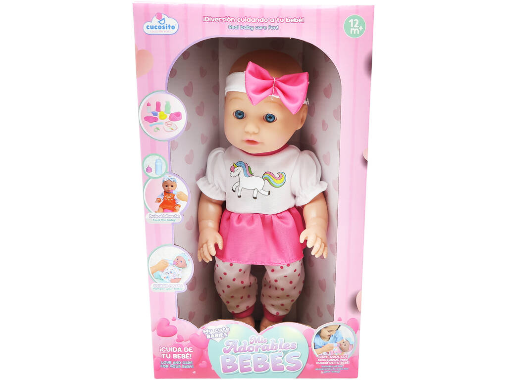 Muñeca Bebé de 30 cm Conjunto Blanco y Rosa con Sonidos y Accesorios