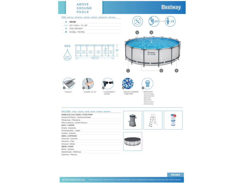 Piscina Desmontável 457x122 cm. Bestway 56438